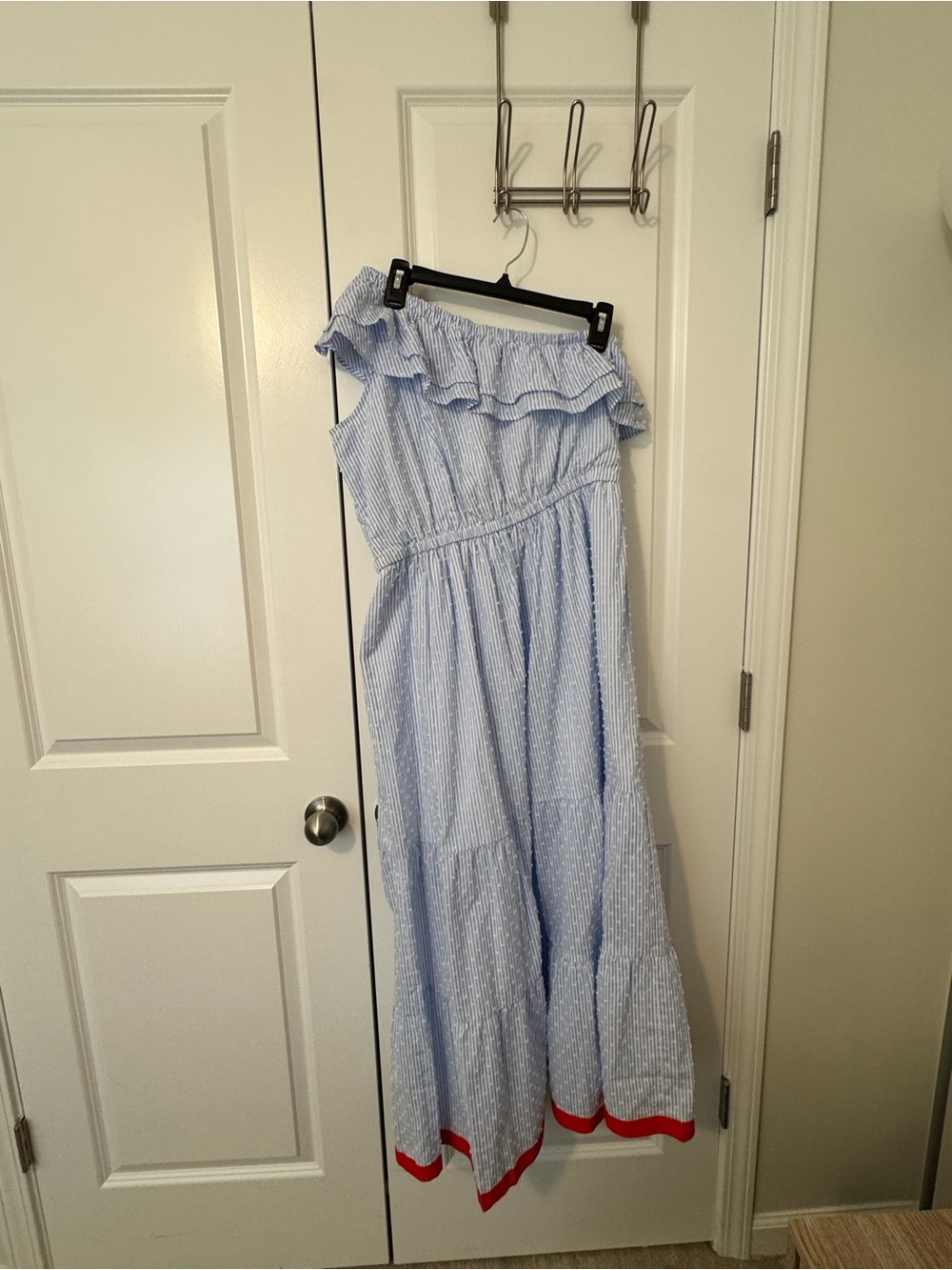 Chico's Light Blue One-Shoulder Ruffle Maxi Dress with Red Trim NWT